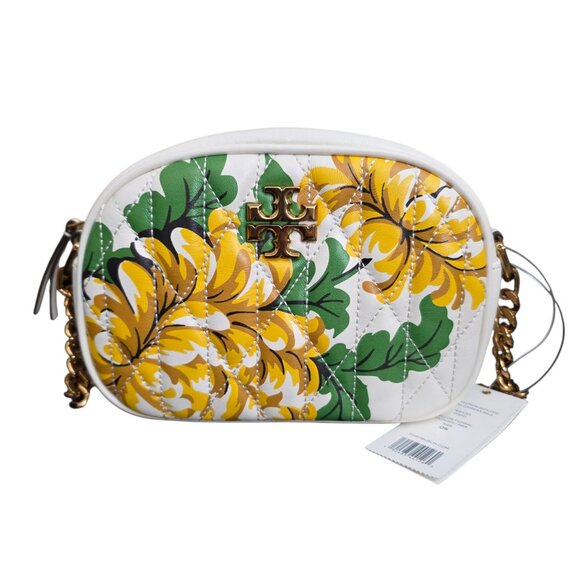 Tory Burch Kira Chevron Camera Bag Quilted Yellow White Floral Chain Crossbody - Picture 2 of 10